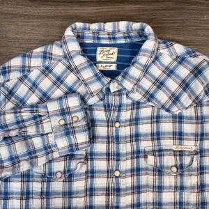 Lucky Brand Western Plaid Pearl Snap Button Long Sleeve Shirt Men's X-Large Blue